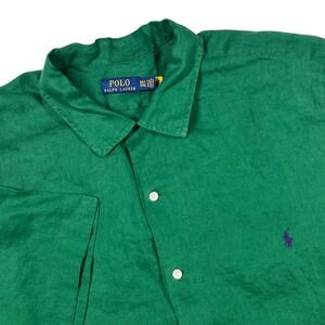 Polo Ralph Lauren Button Up Mens 3XLT Green Short Sleeve Linen Pony Logo Shirt